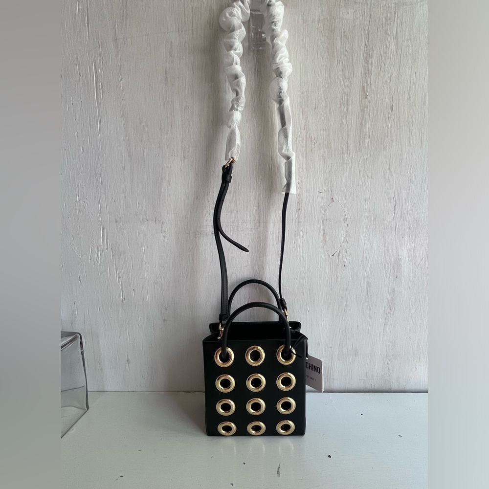 MOSCHINO Heart of Wool Leather Shoulder Bag- Black Gold - Picture 3 of 15